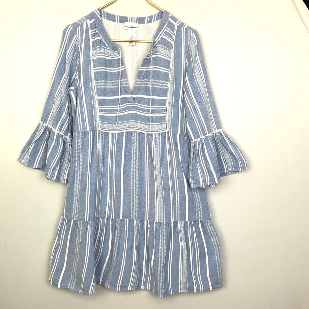 Tommy Bahama Sz XS Just Beachy Chambray Blue White Striped Tiered Mini Dress